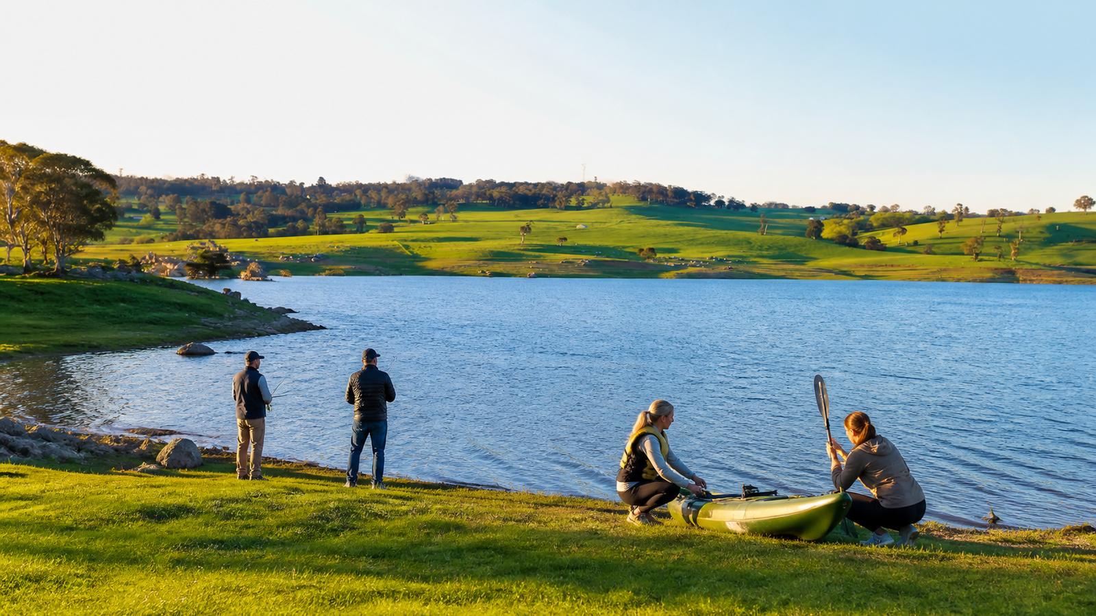 AI-assisted lifestyle visualisation of guests with their own kayak and fishing equipment beside Lake Oberon