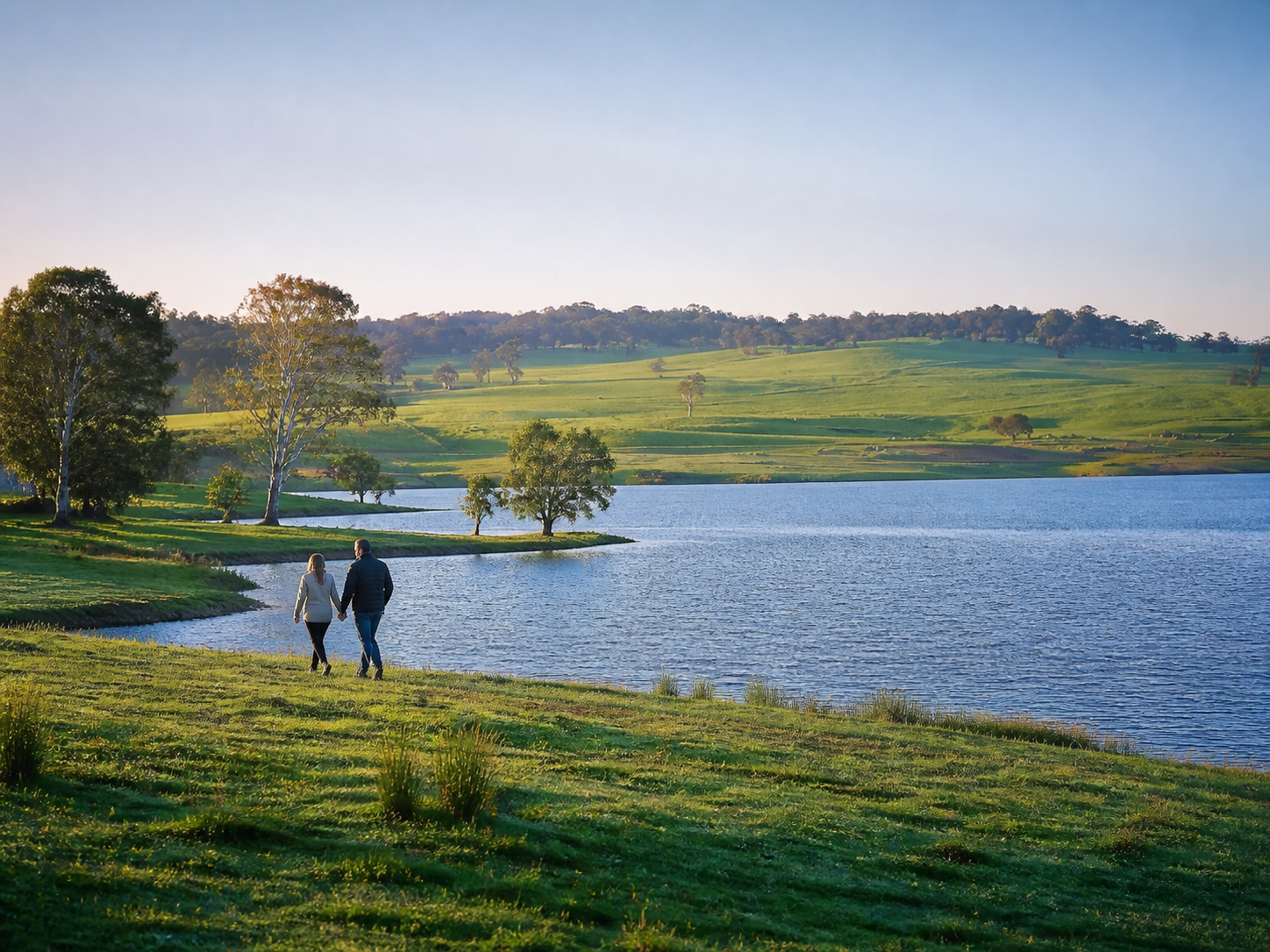 AI-assisted lifestyle visualisation of guests walking beside the Lake Oberon shoreline