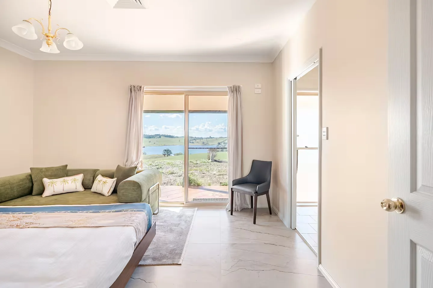 Bright Lakeview Ridge bedroom looking directly across Lake Oberon